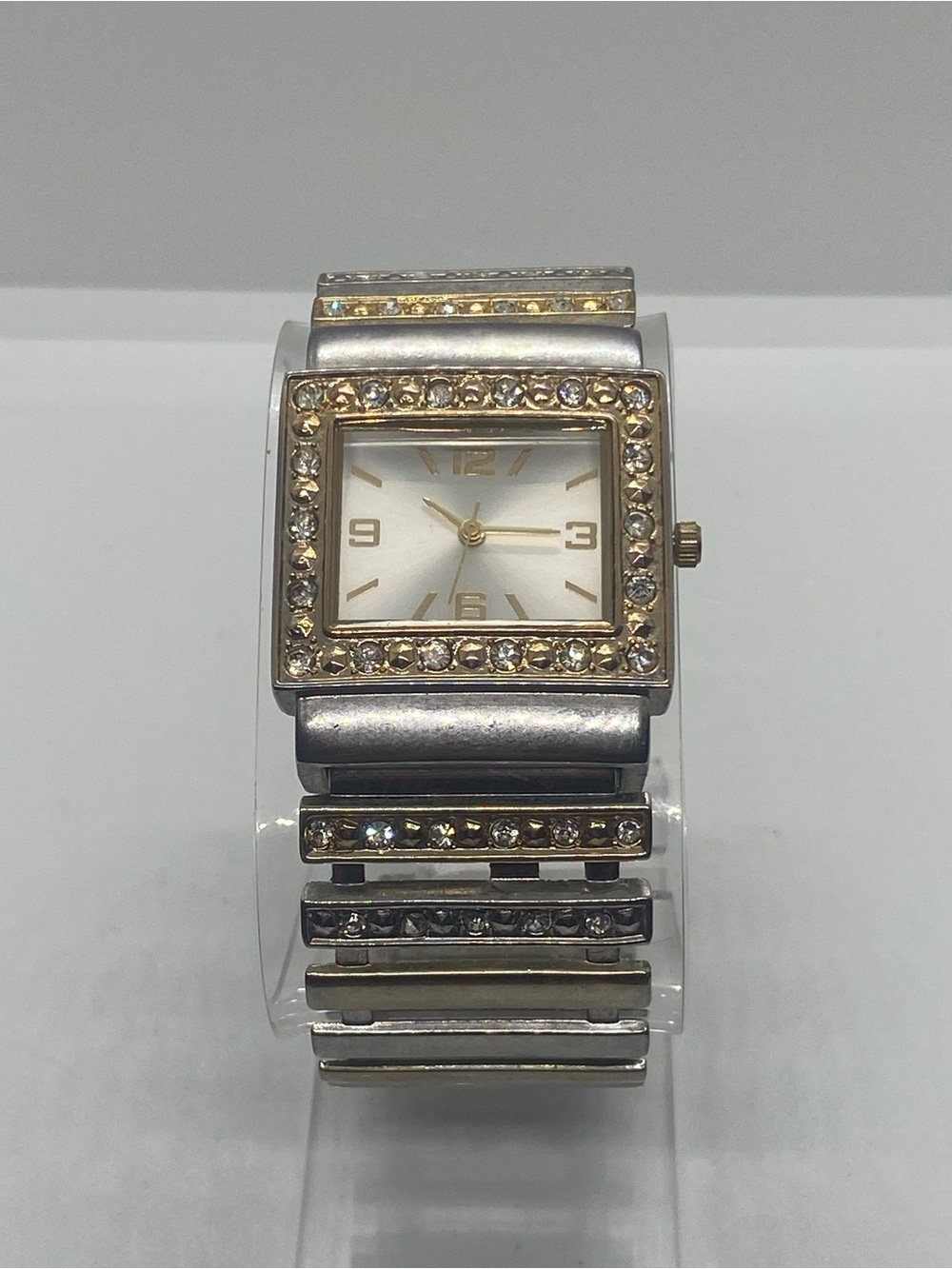 Two-Tone Silver and Gold Crystal Square Face Watch
